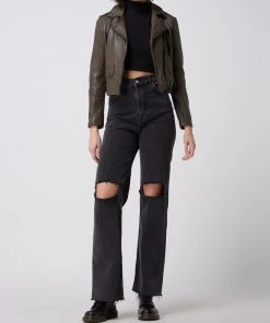 Gipsy Slim Fit Lederjacke Im Biker-Look Modell 'Adine' - Olivgrün