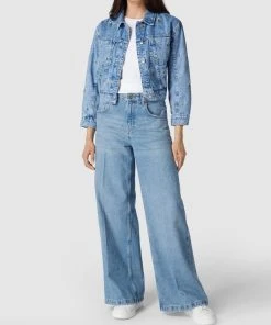 Mango Cropped Jeansjacke Mit Floraler Stickerei - Hellblau